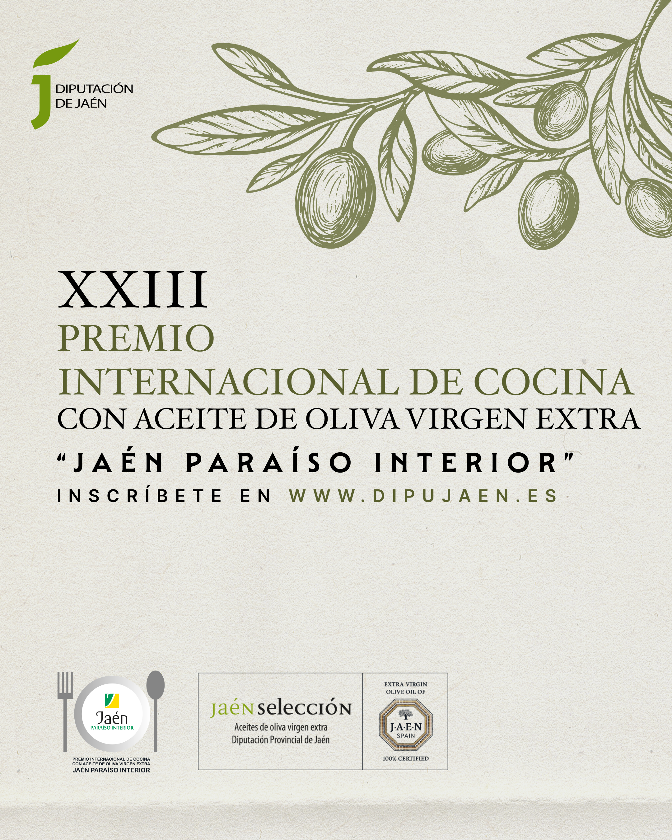 Cartel del XXIII Premio de Cocina con Aceite de Oliva Virgen Extra (AOVE) ‘Jaén, paraíso interior’ | Diputación de Jaén | Ampliar imagen