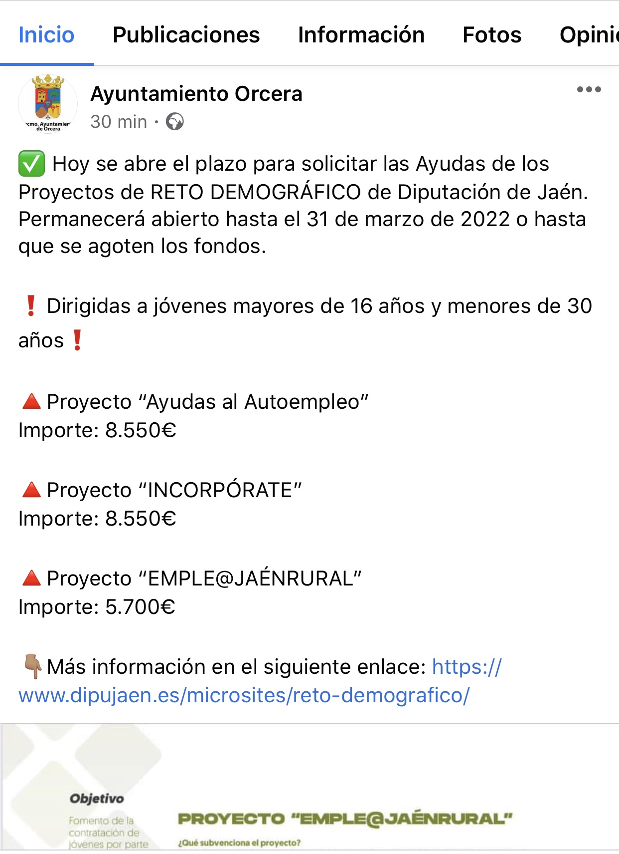 Pulsa para ampliar la imagen: Ayuntamiento de Orcera en Facebook