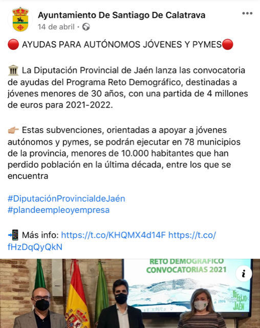Pulsa para ampliar la imagen: Ayuntamiento de Santiago de Calatrava en Facebook