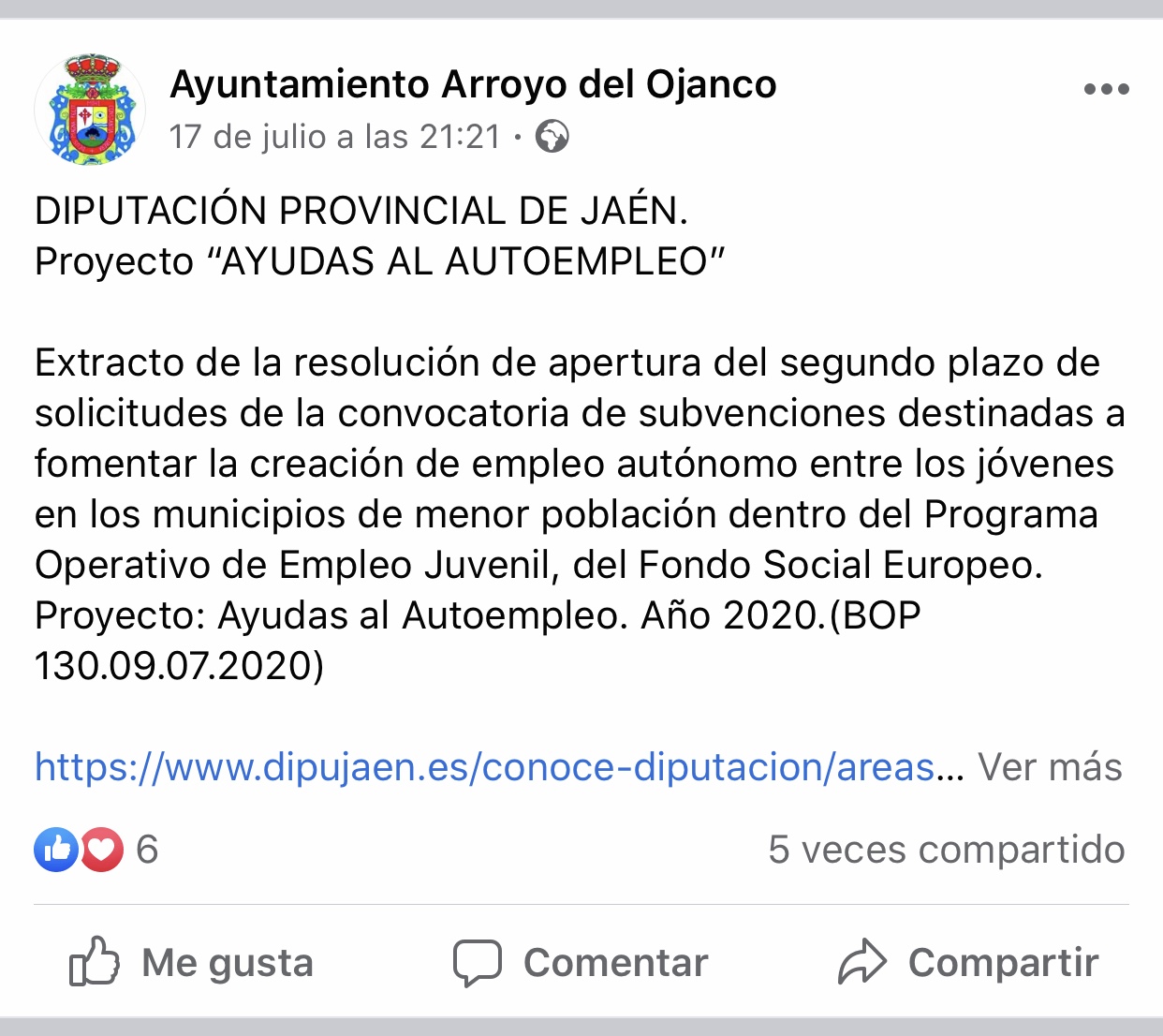 Pulsa para ampliar la imagen: Ayuntamiento de Arroyo del Ojanco en Facebook