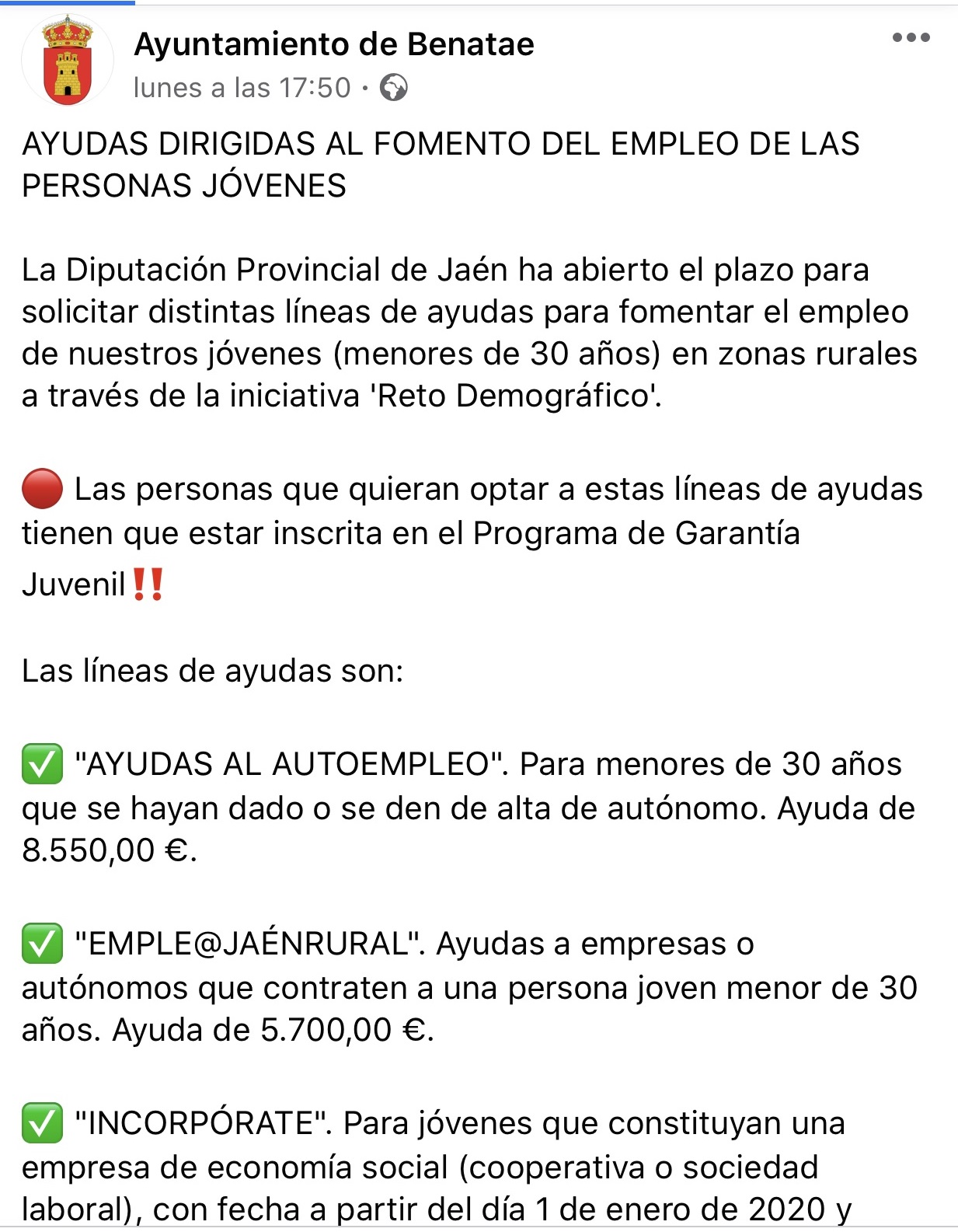 Pulsa para ampliar la imagen: Ayuntamiento de Benatae en Facebook