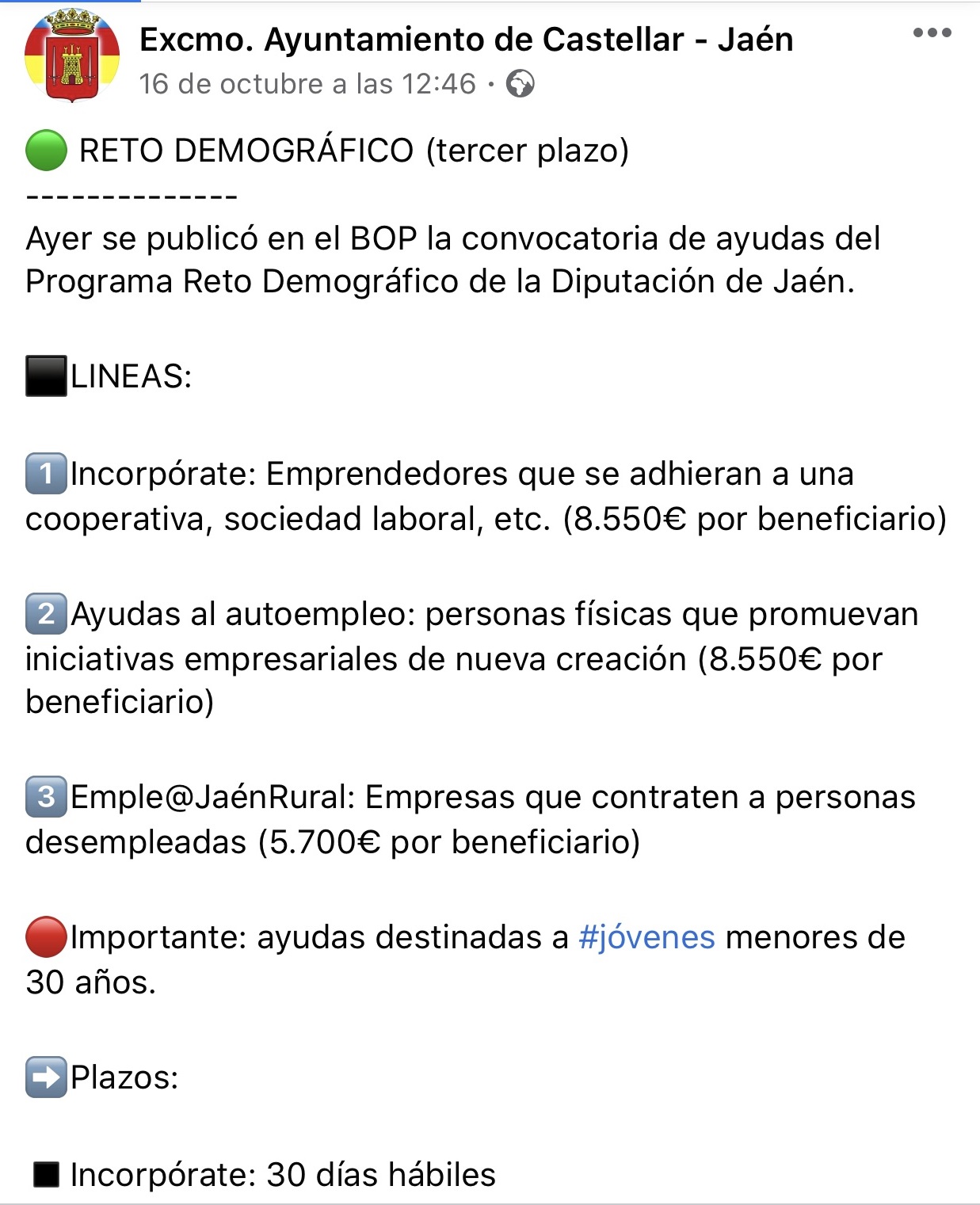 Pulsa para ampliar la imagen: Ayuntamiento de Castellar en Facebook