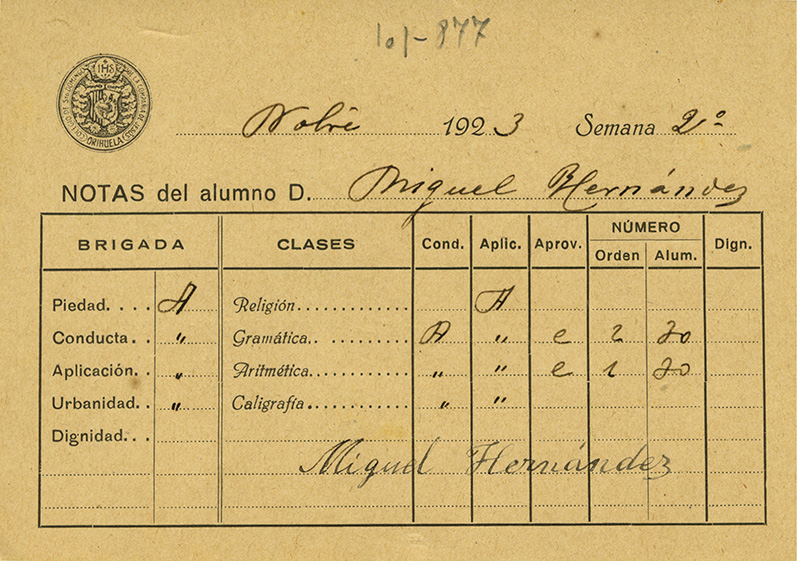 CALIFICACIONES MIGUEL HERNÁNDEZ NOVIEMBRE 1923