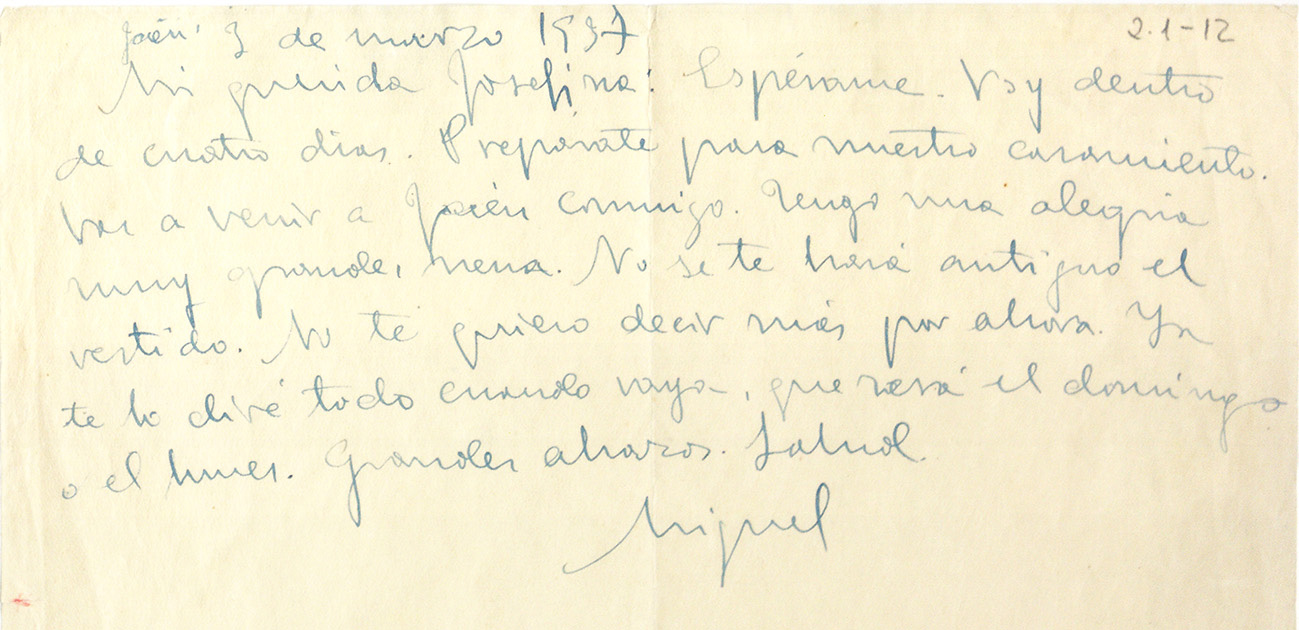 Carta de Miguel Hernández Gilabert a Josefina Manresa Marhuenda Jaén