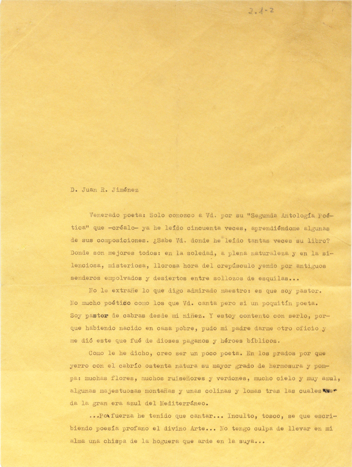 Carta de Miguel Hernández a Juan Ramón Jiménez